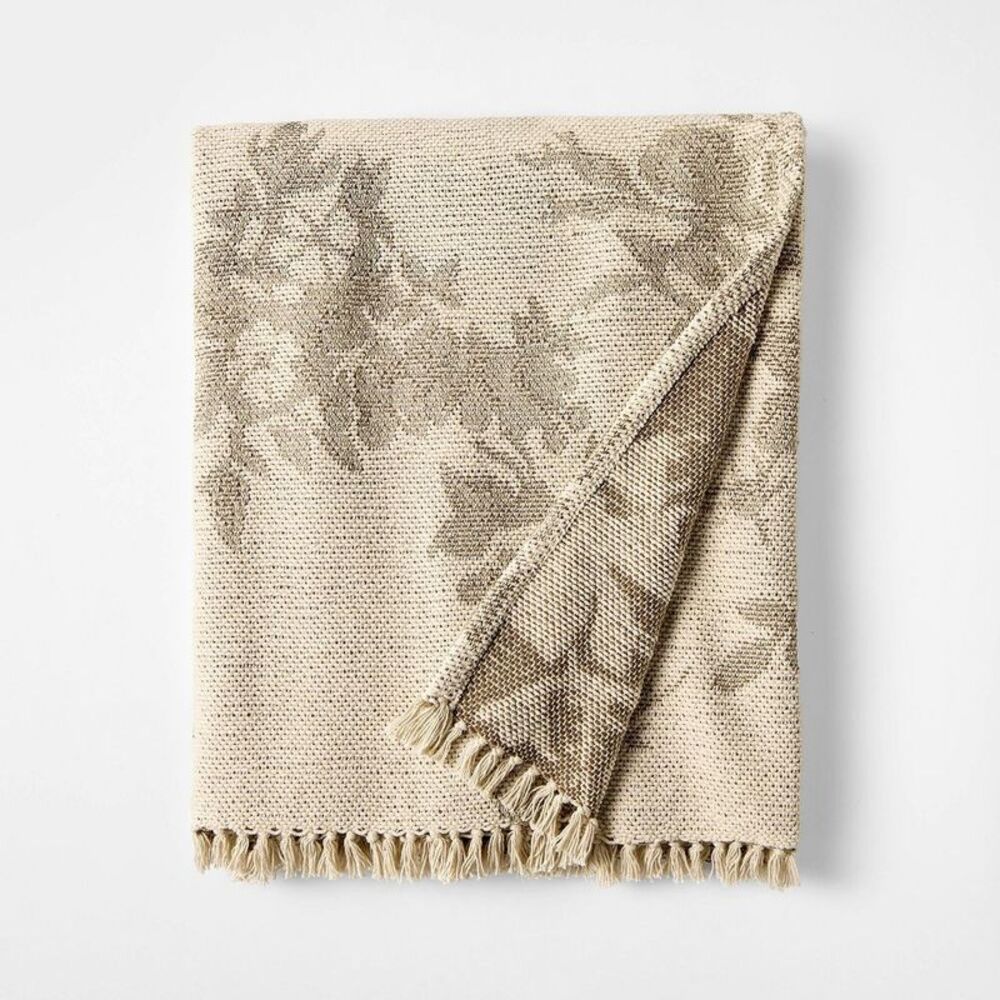 Open Box - Woven Floral and Leaves Pattern Throw with Fringe  Cream